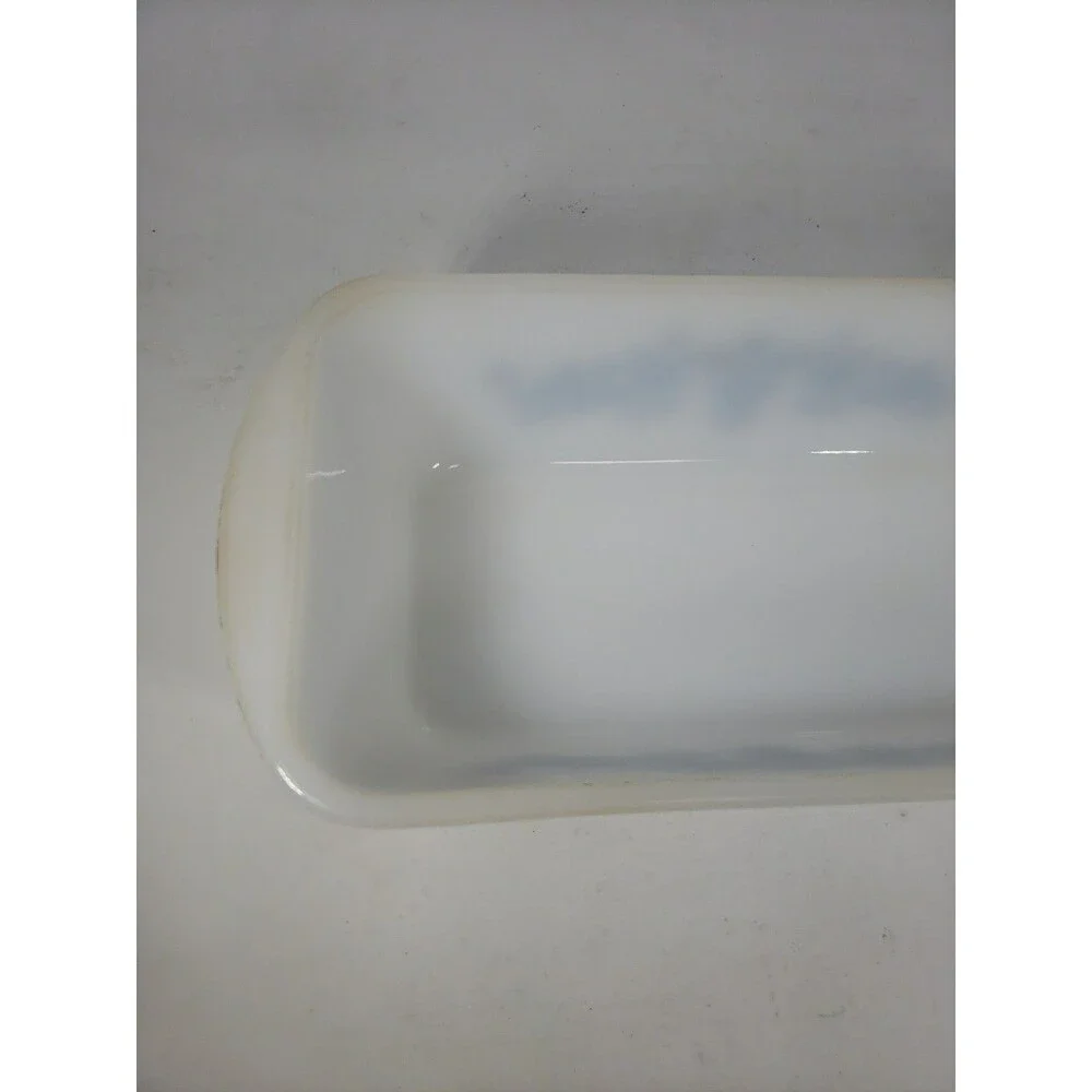 Vintage 1950s Glasbake J522 Loaf Pan Milk Glass Star Snowflake Blue Design MCM